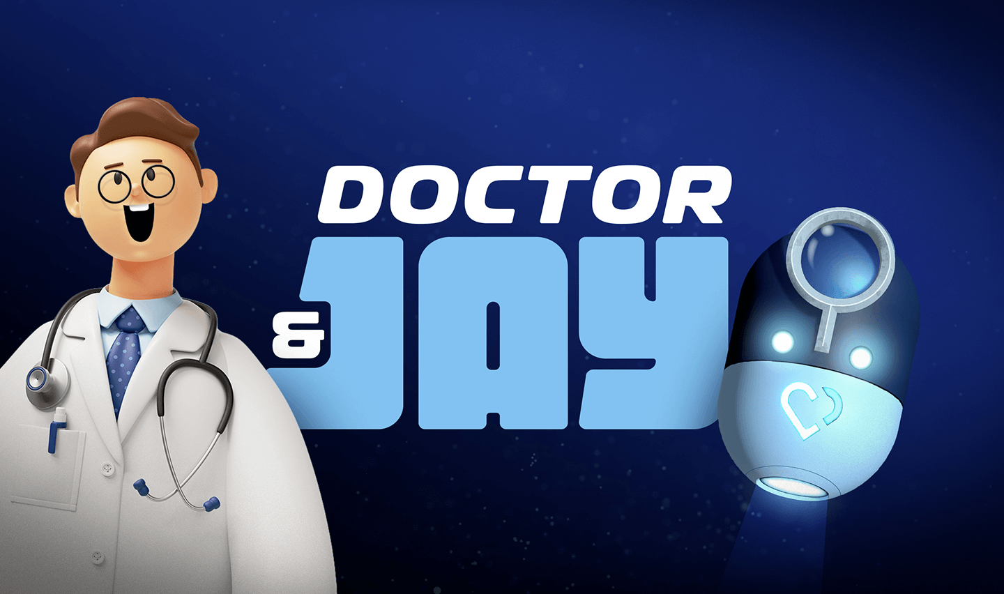 Doctor & Jay insieme su sfondo blu e testo