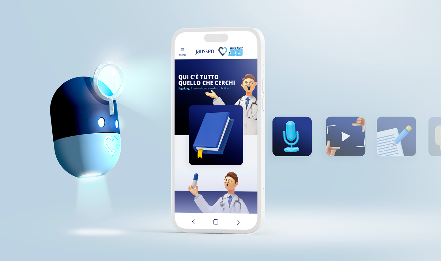smartphone con schermo con sito medical cloud su sfondo azzurro e avatar Jay