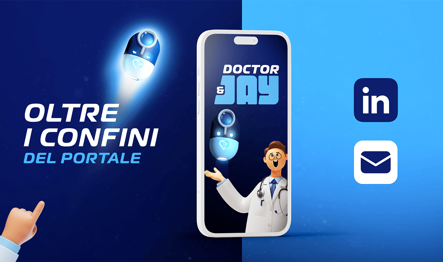 smartphone con schermo con Doctor&Jay su sfondo blu e testo e icone social