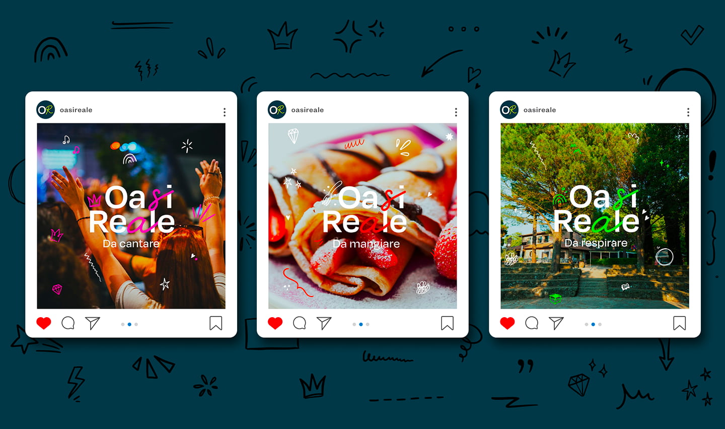 immagine con 3 esempi di post instagram creati per la brand identity di oasi reale