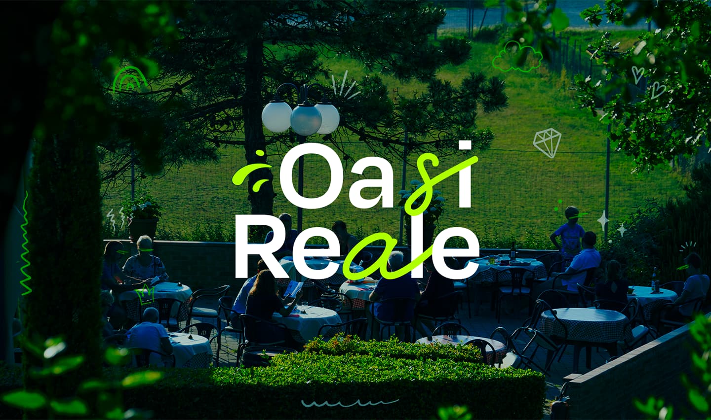 immagine copertina con il logo oasi reale e sfondo del campeggio e persone