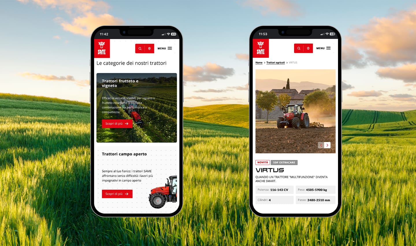due smartphone con schermata del sito SAME su uno sfondo di campi verdi