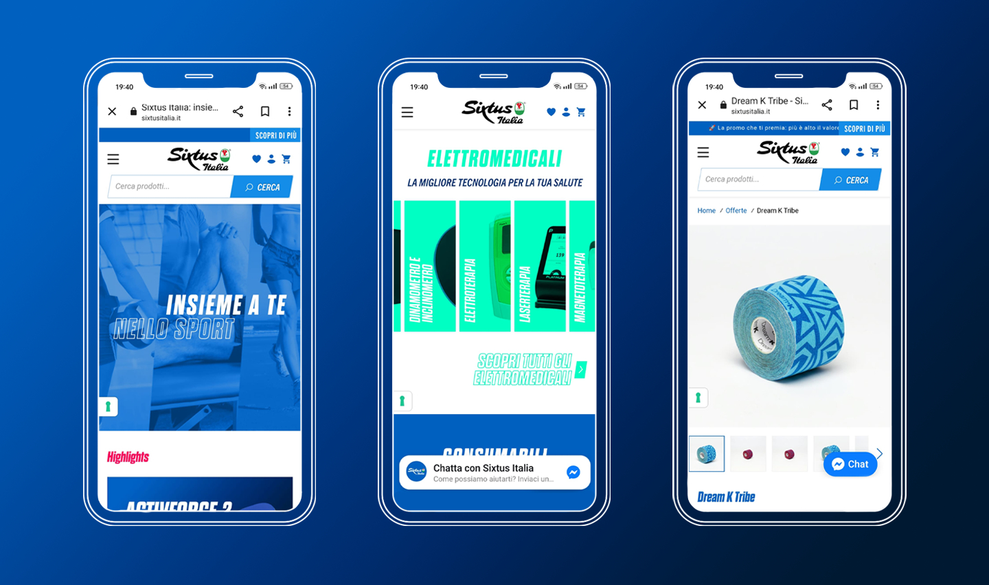 immagine con sfondo blu e 3 smartphone con prodotti sixtus